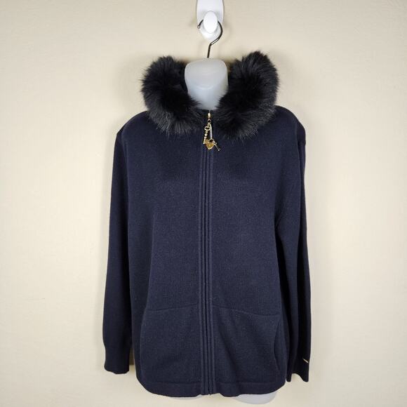 VTG St John Women Cashmere Cardigan Sweater Fox Fur Trim Hood Zip Jacket M Black - Picture 1 of 16